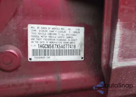 2005 Honda Accord Ex из США, поврежденный, VIN 1HGCM567X5A077416